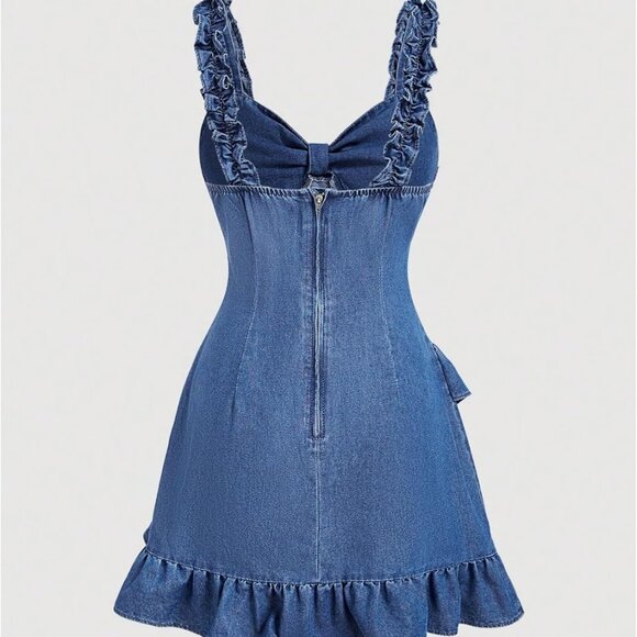 Women's Denim Cami Dress Tie Front Sleeveless Short Frill Trim - Picture 2 of 4